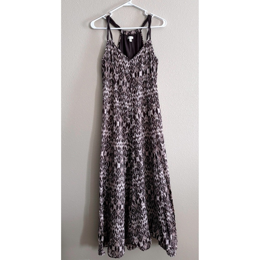 Garnet Hill Maxi Dress Womnes Medium Brown Cream Halter Cotton Gauze Resort